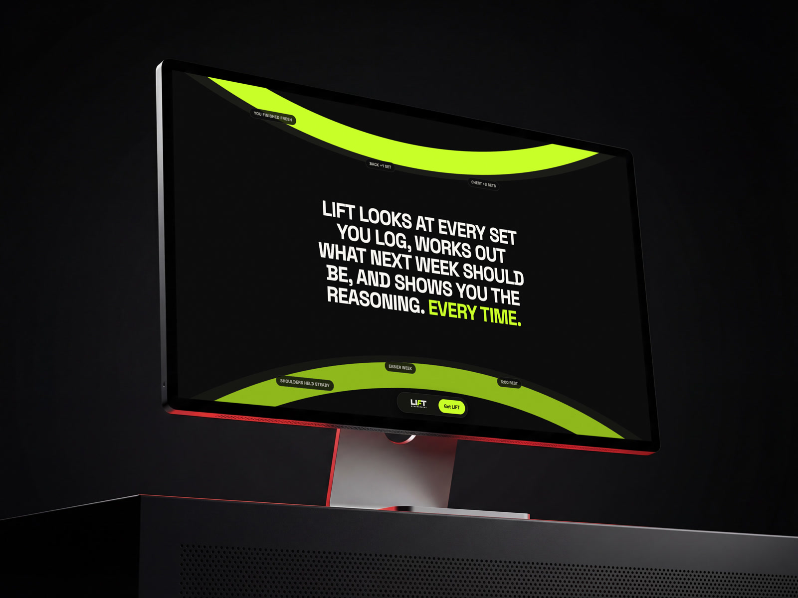 The LIFT landing page on a desktop display: LIFT looks at every set you log, works out what next week should be, and shows you the reasoning. Every time.