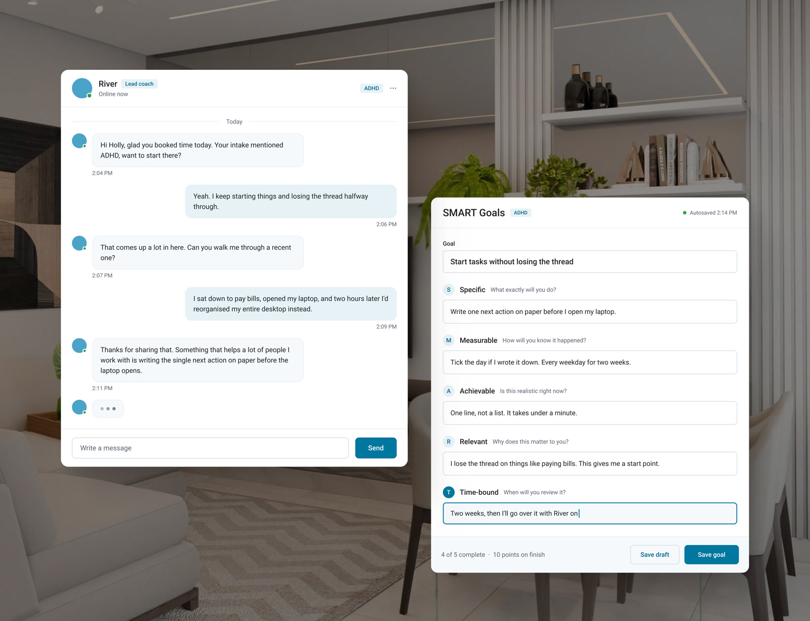 A live coach conversation alongside the SMART Goals tool being filled in from it
