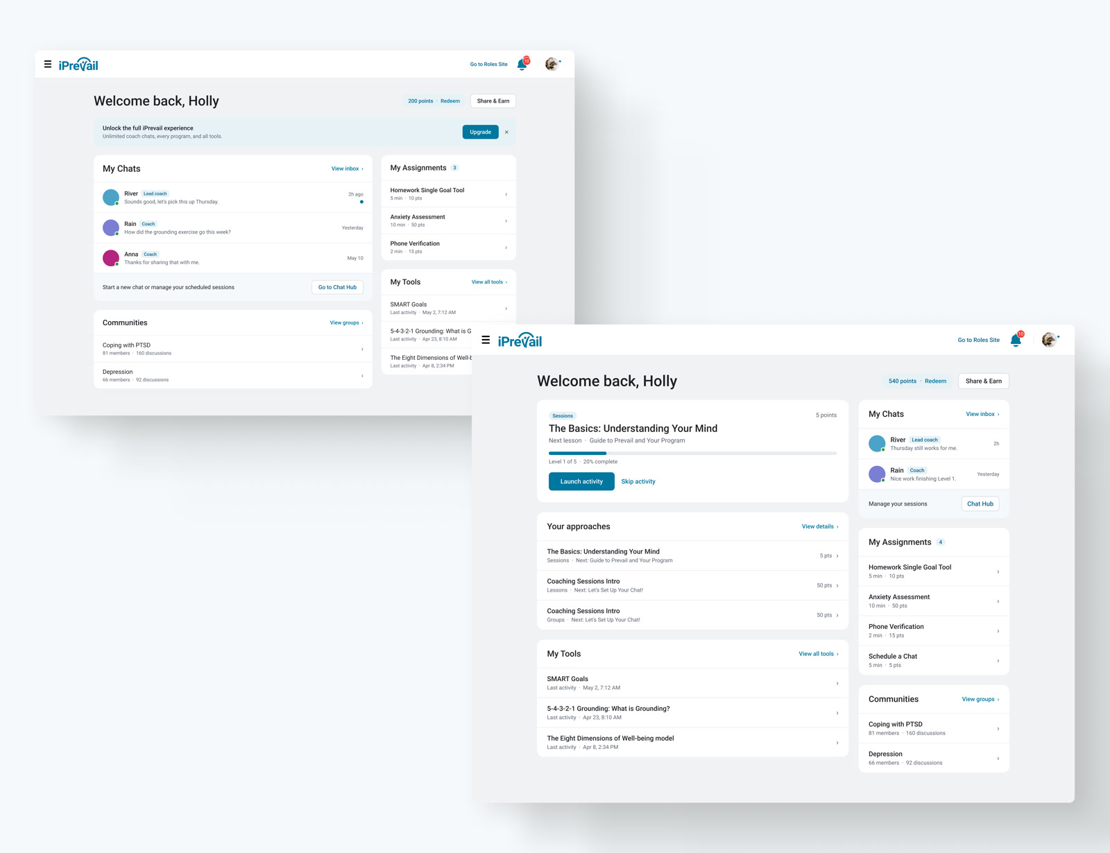 The two redesigned iPrevail dashboards layered over each other: chat-priority behind, program-priority in front