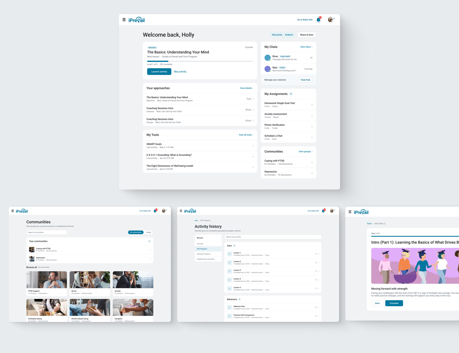 The program-priority dashboard with the screens it leads into: communities, activity history, and a lesson