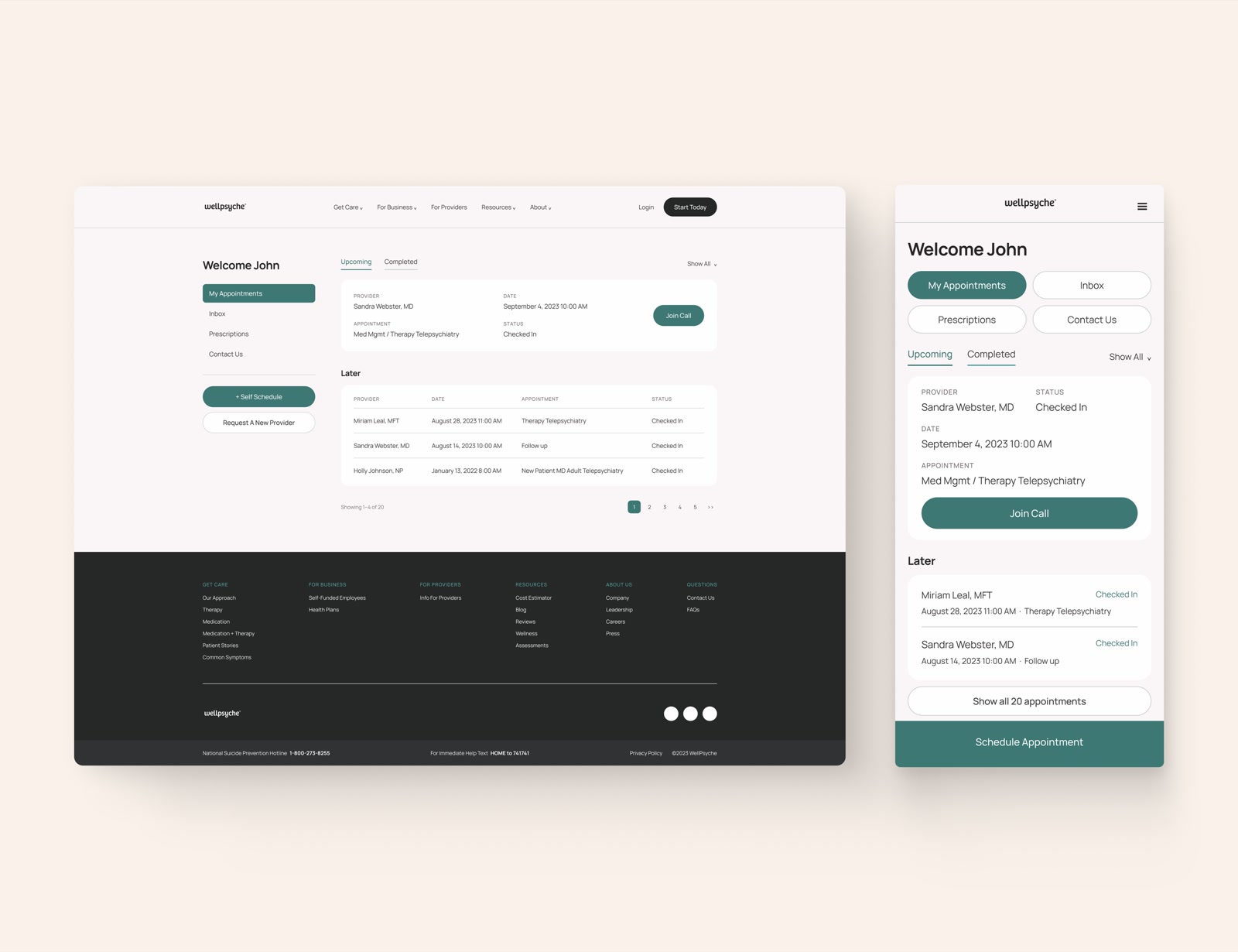 The redesigned WellPsyche patient portal on desktop and mobile