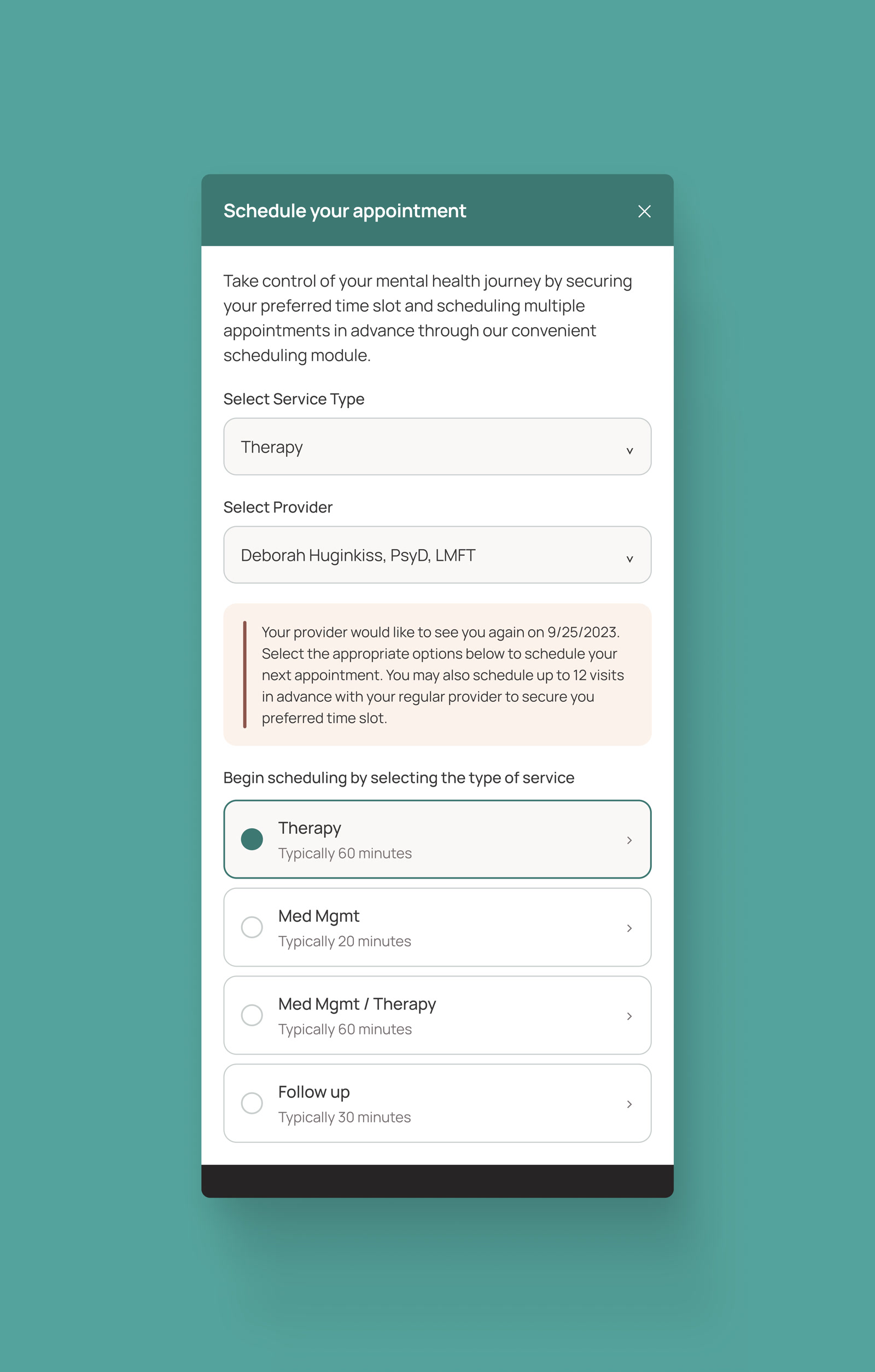 The rebuilt Schedule your appointment panel: service type, provider, and session length options in a single view