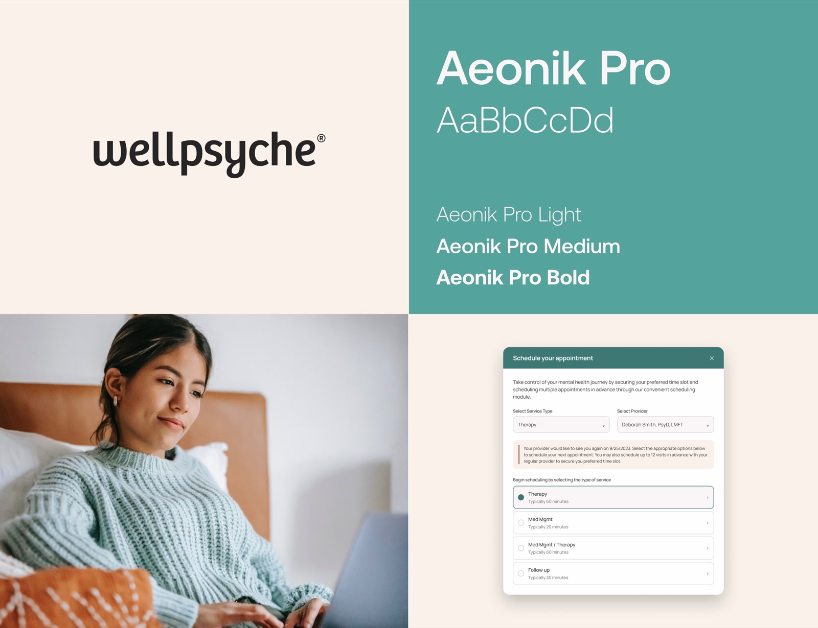 The WellPsyche design system board: the wordmark, the Aeonik Pro type ramp in Light, Medium and Bold, brand photography, and the scheduling component
